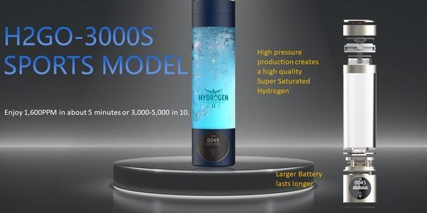 A hydrogen water bottle is shown with the words " 1 0 0 0 s model ".