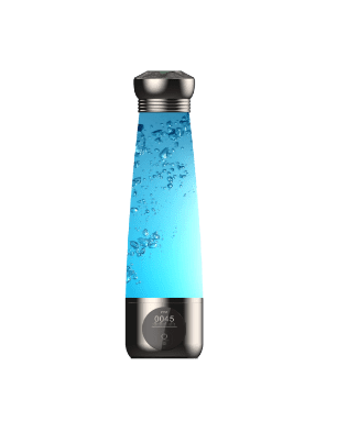 A blue water bottle with bubbles inside of it.