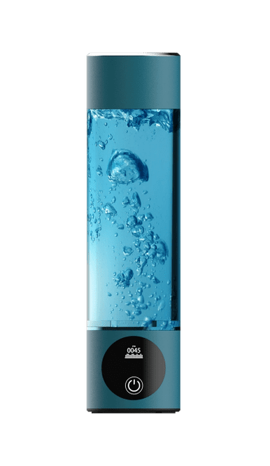 A blue bottle of water with bubbles on it.